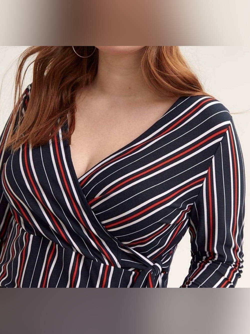 Michel Studio Women’s Plus Navy Blue, White & Orange Striped V-Neck Top 2X